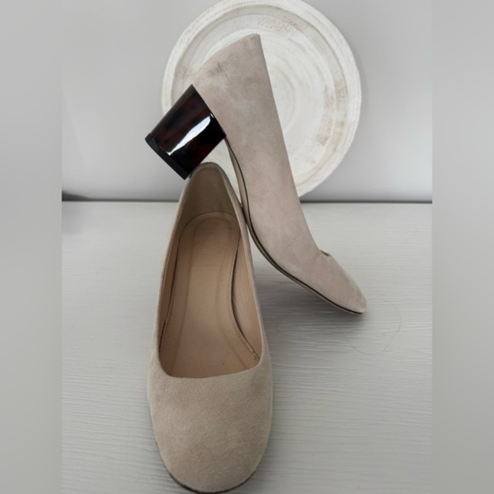 J. Crew Beige Suede Heels with Black Block Heel